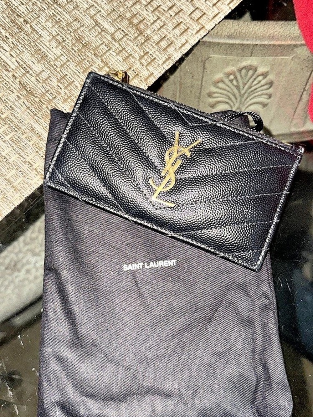 Saint Laurent Cassandre Matelassé Fragments Zipped Card Case in Grain de Poudre